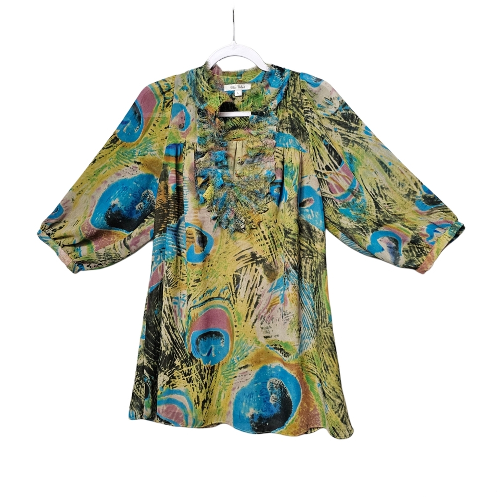Blue Velvet Colorful Peacock Print Sheer Tunic Top - Size LG